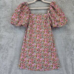MNG Dress Womens XS 2 Pink Floral Puff Sleeve Square Neck Cotton Mini Summer